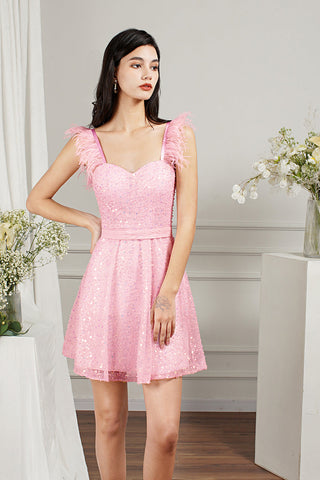 Pink Short A-line Sweetheart Tulle Beading Formal Prom Dresses