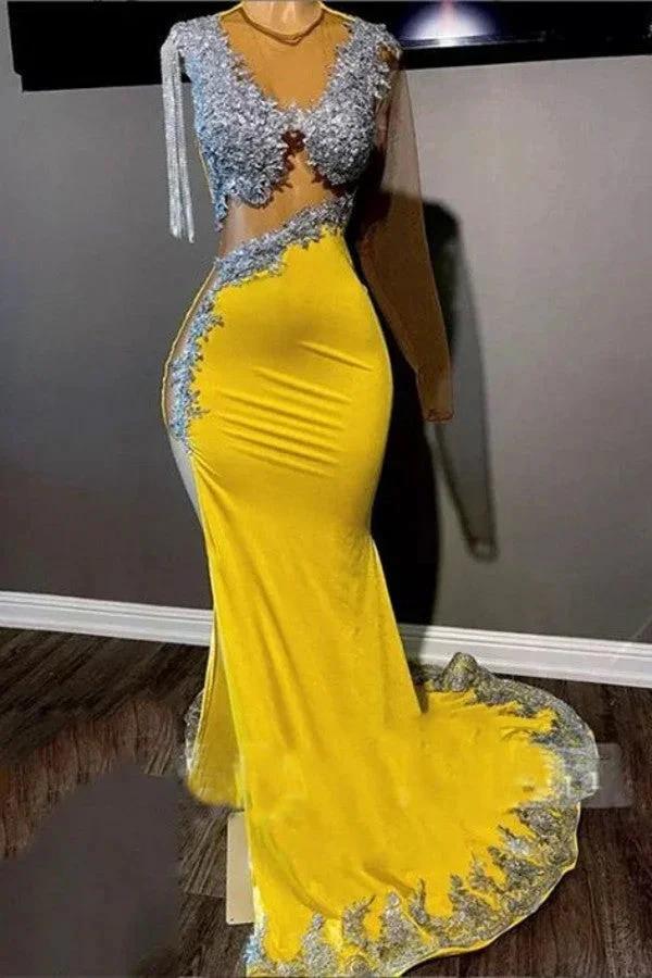 Biztunnel Yellow Long Mermaid Jewel Tulle Satin Prom Dress with Sleeves by BIZTUNNEL