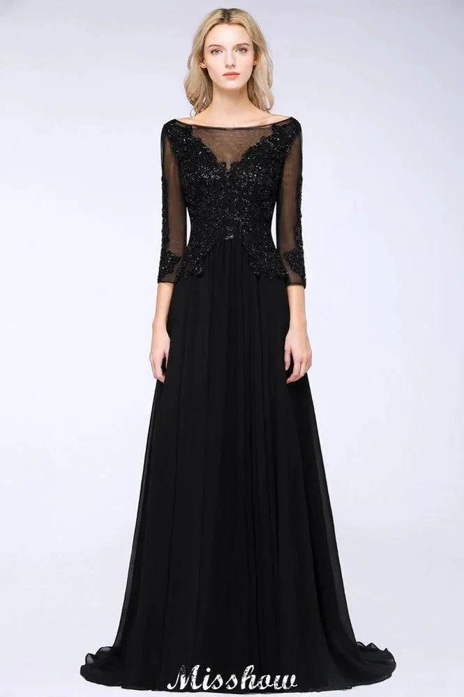 Black 3/4 Sleeves Beads A-Line Appliques Bridesmaid Dresses Tulle Party Dress by misshow.com