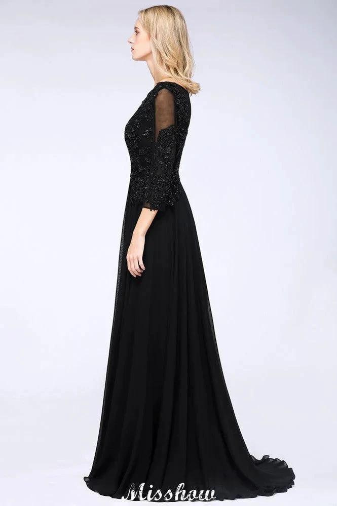 Black 3/4 Sleeves Beads A-Line Appliques Bridesmaid Dresses Tulle Party Dress by misshow.com