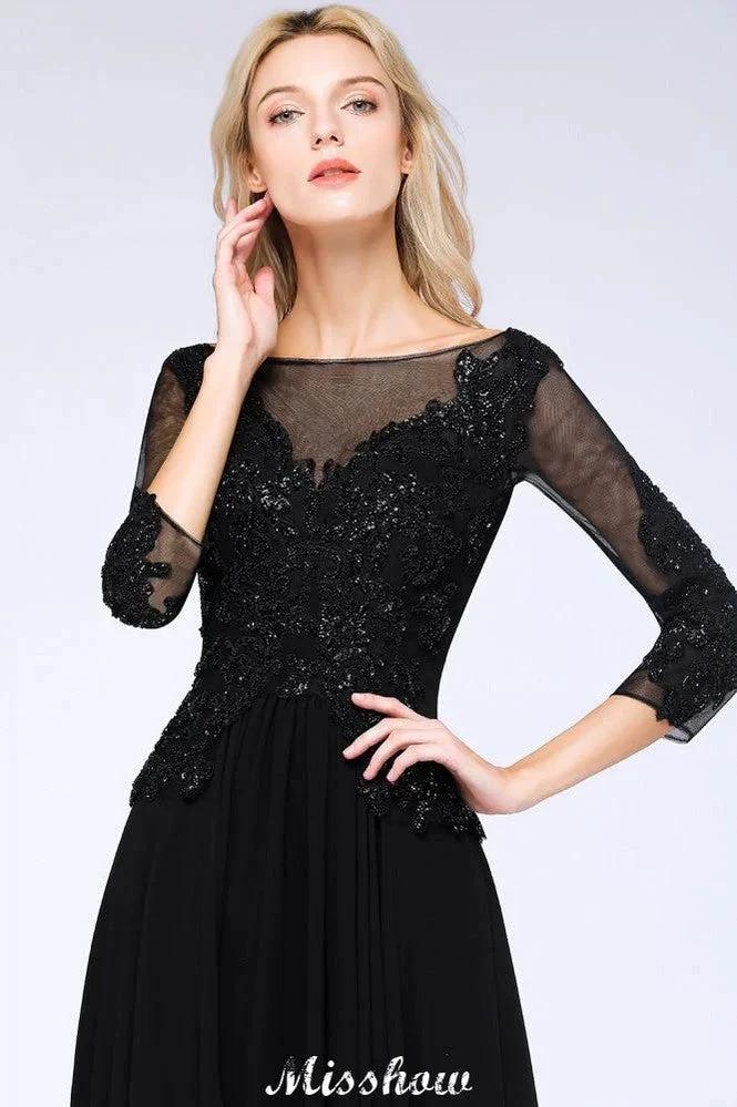 Black 3/4 Sleeves Beads A-Line Appliques Bridesmaid Dresses Tulle Party Dress by misshow.com