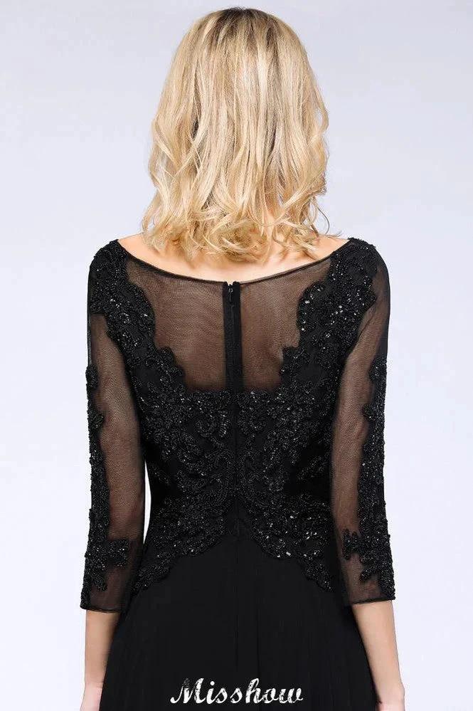 Black 3/4 Sleeves Beads A-Line Appliques Bridesmaid Dresses Tulle Party Dress by misshow.com
