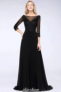 Black 3/4 Sleeves Beads A-Line Appliques Bridesmaid Dresses Tulle Party Dress by misshow.com
