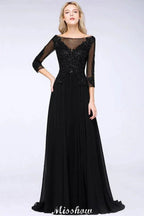 Black 3/4 Sleeves Beads A-Line Appliques Bridesmaid Dresses Tulle Party Dress by misshow.com