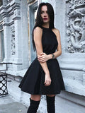 Black A Line Round Neck Pleated Satin Short Prom Homecoming Dresses by BIZTUNNEL