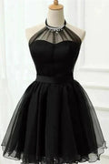 Black A-Line Tulle Halter Sleeveless Short Prom Dresses by misshow.com