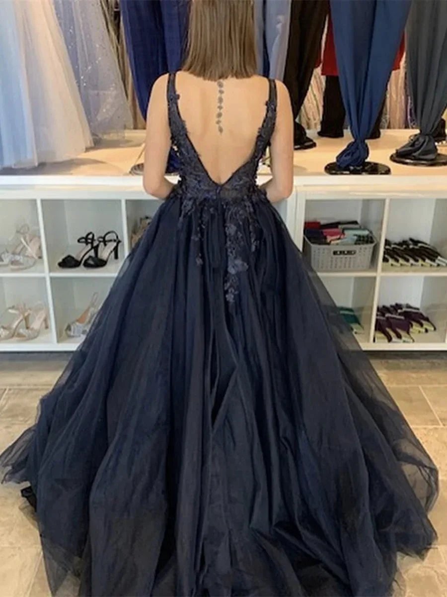 Black A-line V Neck Tulle Open Back Appliques Lace Long Prom Dresses by BIZTUNNEL