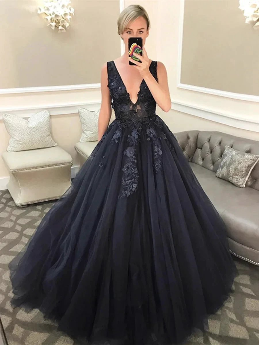 Black A-line V Neck Tulle Open Back Appliques Lace Long Prom Dresses by BIZTUNNEL