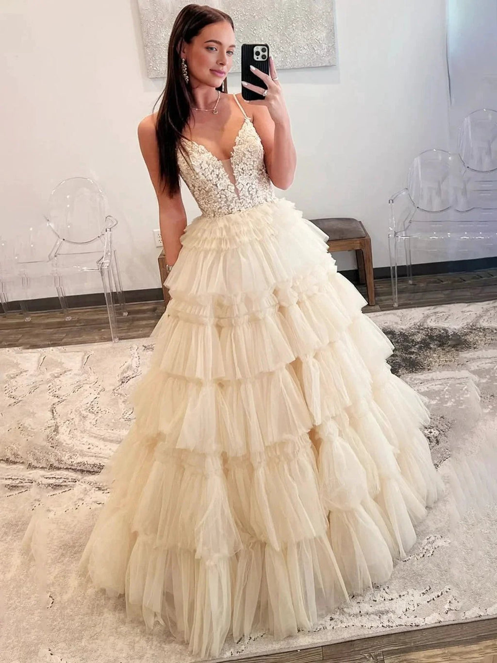 Hadlee | Black Beaded Spaghetti Strap Ruffle Tiered Ball Gown by KissProm