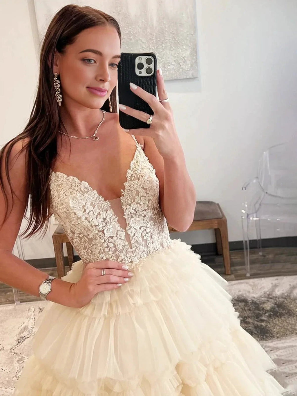 Hadlee | Black Beaded Spaghetti Strap Ruffle Tiered Ball Gown by KissProm
