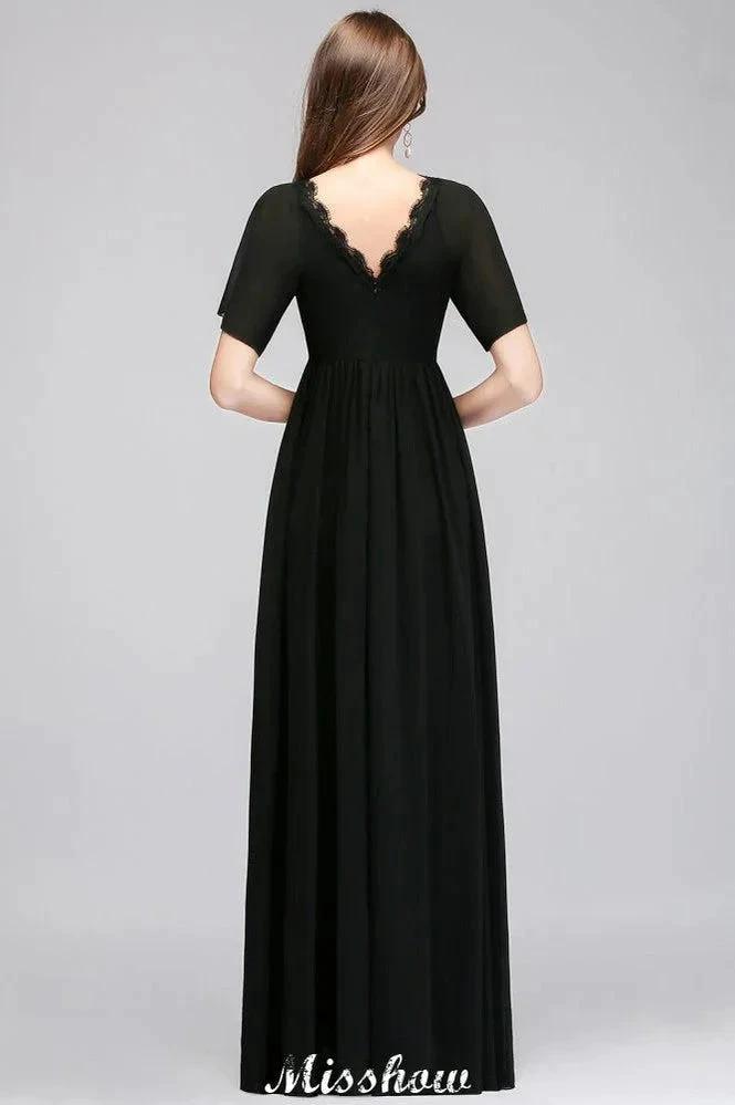 Black Chiffon A-line Bridesmaid Dress V-Neck Floor Length by misshow.com