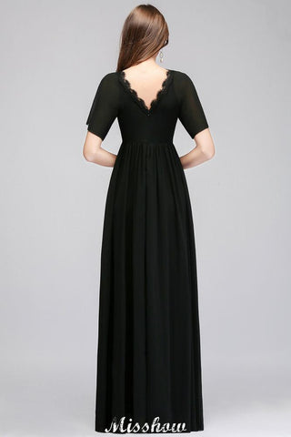 Vestido de dama de honor de gasa negra, corte A, escote en V y largo hasta el suelo