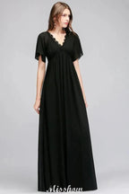 Black Chiffon A-line Bridesmaid Dress V-Neck Floor Length by misshow.com