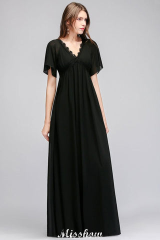 Vestido de dama de honor de gasa negra, corte A, escote en V y largo hasta el suelo