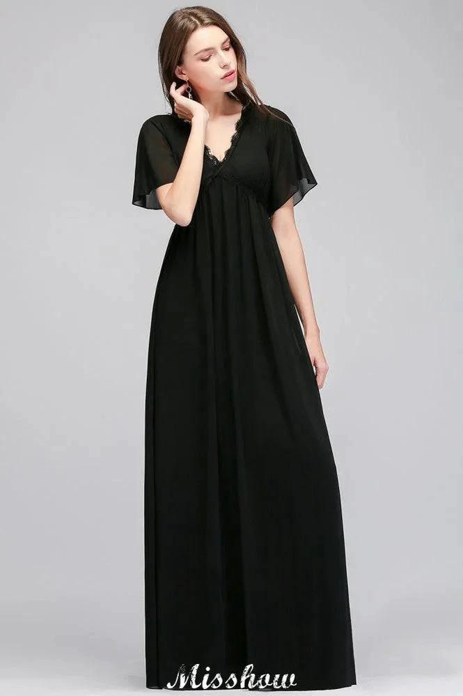 Black Chiffon A-line Bridesmaid Dress V-Neck Floor Length by misshow.com