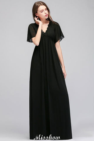 Vestido de dama de honor de gasa negra, corte A, escote en V y largo hasta el suelo