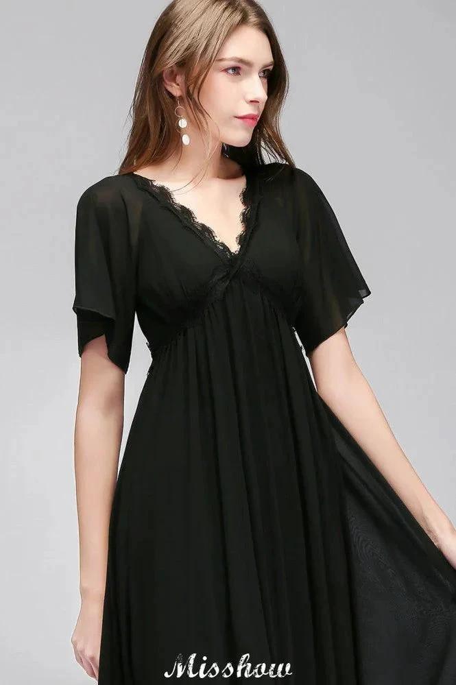 Black Chiffon A-line Bridesmaid Dress V-Neck Floor Length by misshow.com