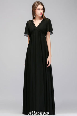 Vestido de dama de honor de gasa negra, corte A, escote en V y largo hasta el suelo