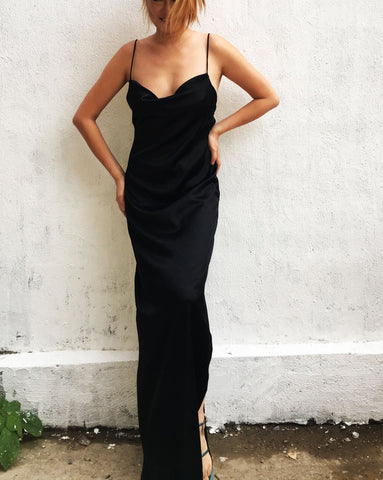 Black Cowl Neck Backless Mulberry Silk Slip Dress