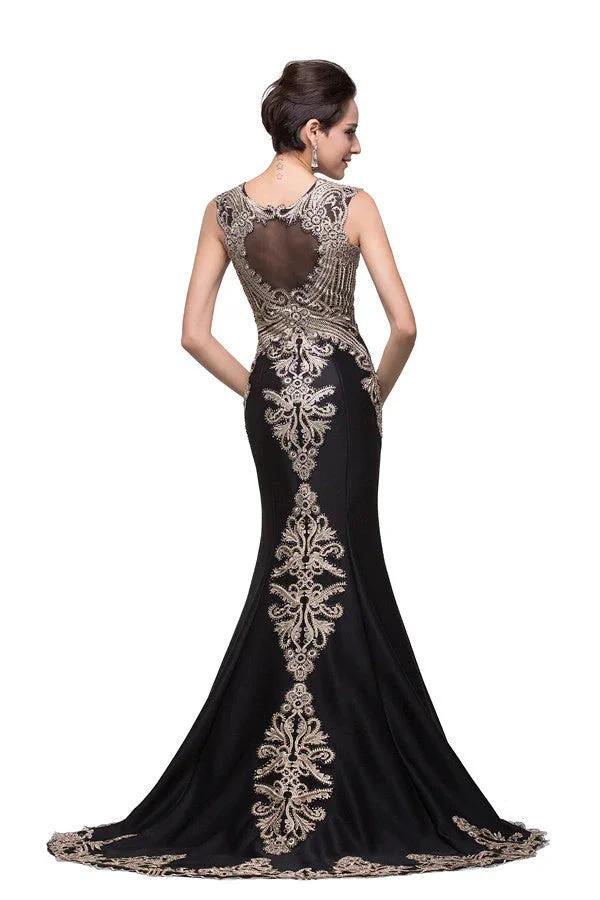 Black Crew Sweep-length Appliqued Mermaid Prom Dresses by misshow.com