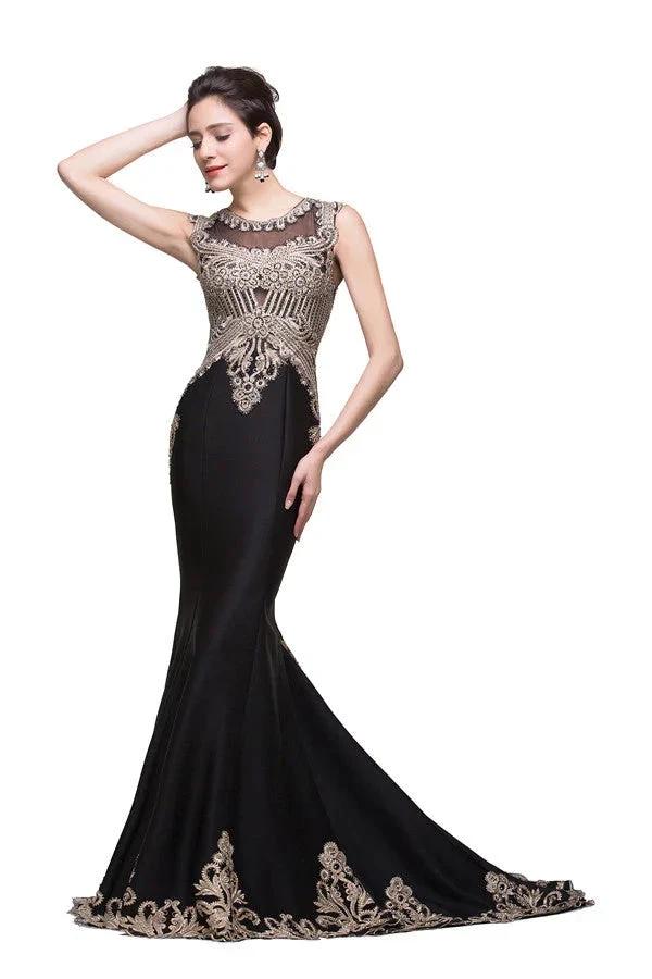 Black Crew Sweep-length Appliqued Mermaid Prom Dresses by misshow.com