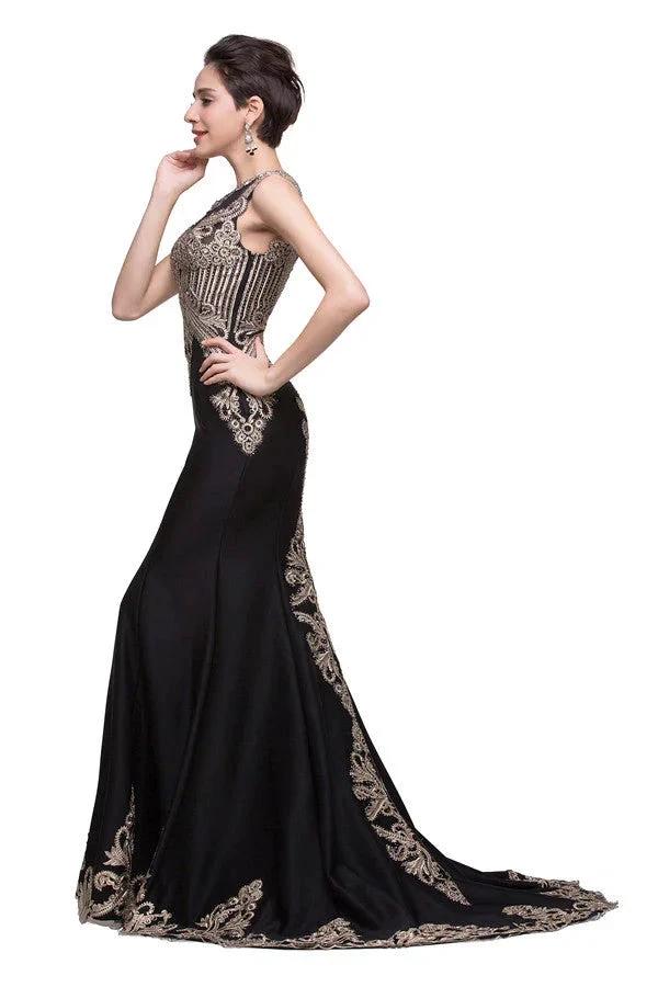 Black Crew Sweep-length Appliqued Mermaid Prom Dresses by misshow.com