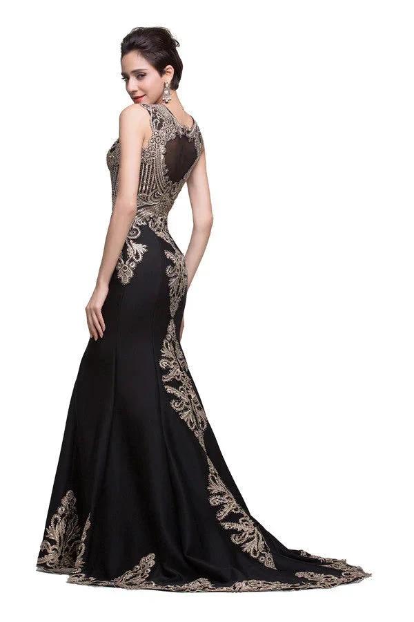 Black Crew Sweep-length Appliqued Mermaid Prom Dresses by misshow.com