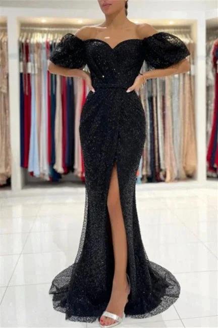 Black Evening Dresses in Long Glitter | Prom dresses with sleeves by misshow.com