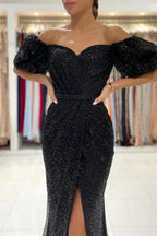 Black Evening Dresses in Long Glitter | Prom dresses with sleeves by misshow.com
