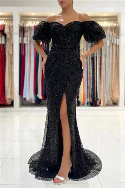 Black Evening Dresses in Long Glitter | Prom dresses with sleeves by misshow.com