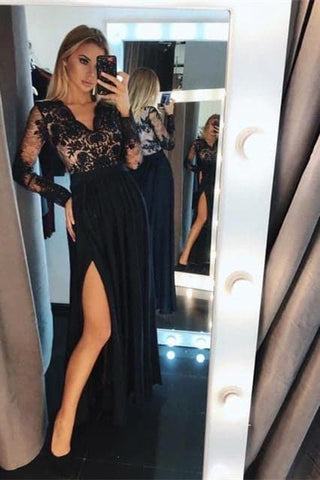 Black Floral Lace Long Sleeves Evening Maxi Dress
