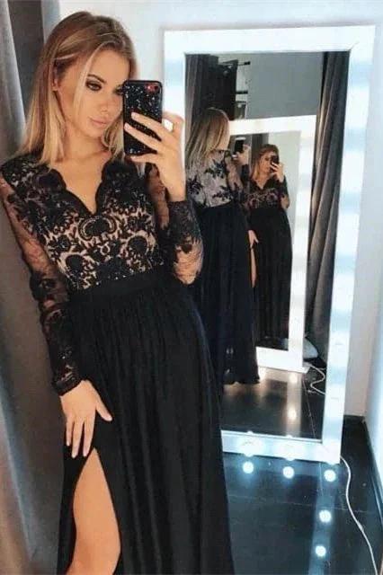 Black Floral Lace Long Sleeves Evening Maxi Dress by misshow.com