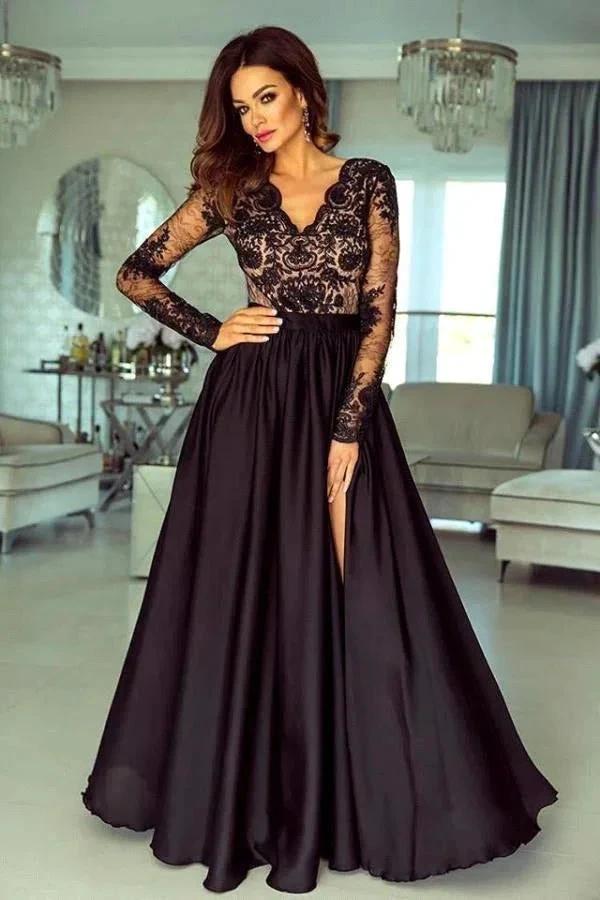 Black Floral Lace Long Sleeves Evening Maxi Dress by misshow.com