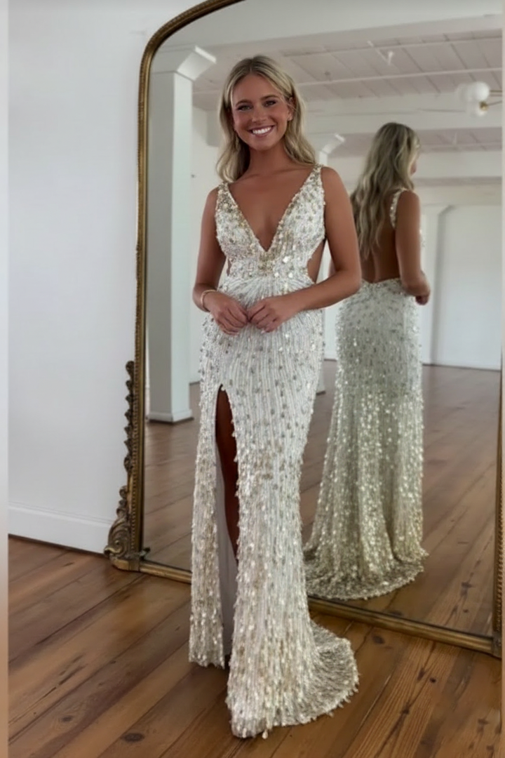 Sparkly Gold Fully Beaded Prom Dress with Deep V Neck Slit and Open Back