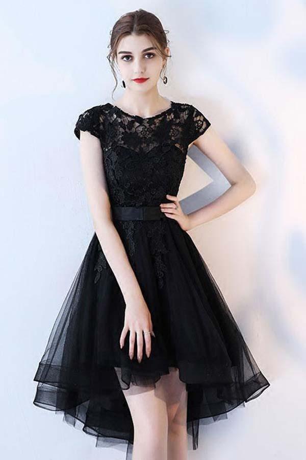 Black Lace Short Prom Dress Hight Low Evening Dress Homecoming Dresses PD152 Hover Image