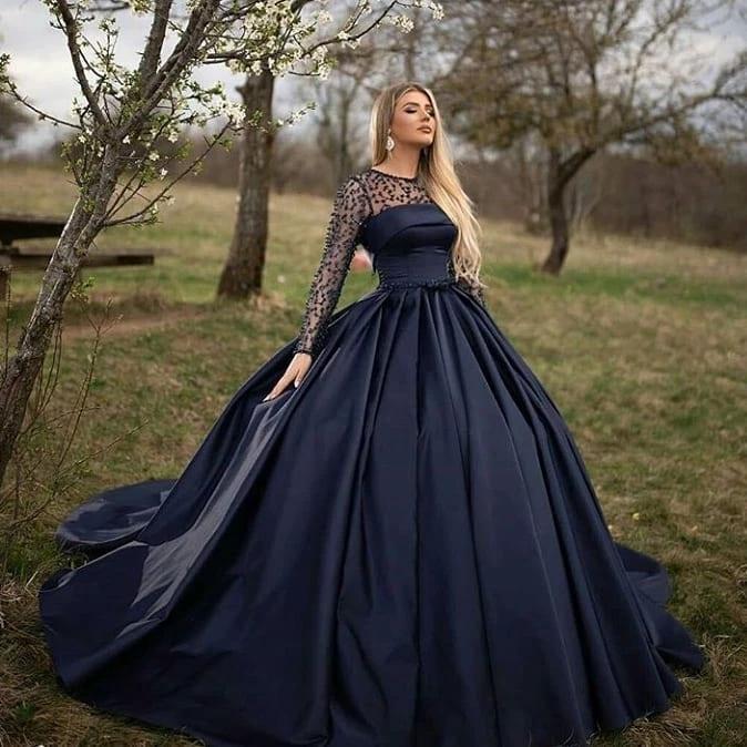 Black Long A-line Bateau Satin Prom Dress with Sleeves by BIZTUNNEL