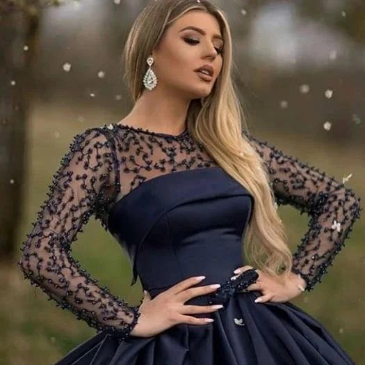 Black Long A-line Bateau Satin Prom Dress with Sleeves by BIZTUNNEL