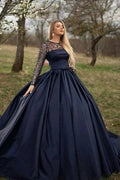 Black Long A-line Bateau Satin Prom Dress with Sleeves by BIZTUNNEL