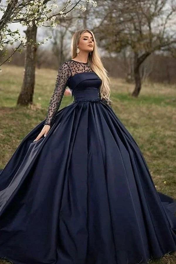 Black Long A-line Bateau Satin Prom Dress with Sleeves by BIZTUNNEL