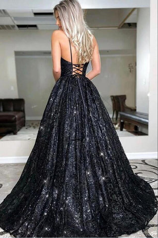 Schwarzes langes A-Linien-Ballkleid mit Herzausschnitt und offenem Rücken und Glitzer