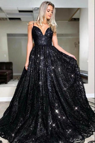 Schwarzes langes A-Linien-Ballkleid mit Herzausschnitt und offenem Rücken und Glitzer