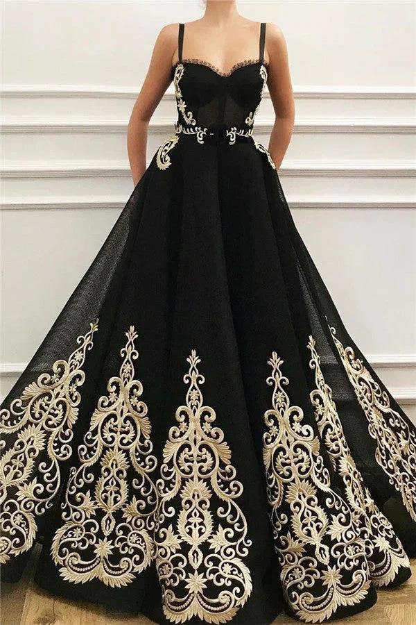 Black Long A-line Sweetheart Tulle Black Prom Dress with Pockets by BIZTUNNEL