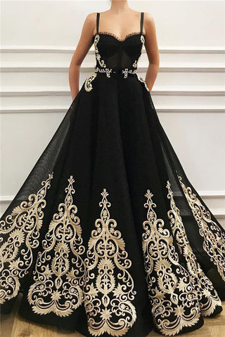 Schwarzes langes A-Linien-Ballkleid aus Tüll mit Herzausschnitt und Taschen