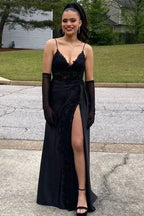 Black Long A-line V-neck Spaghetti Straps Lace Satin Formal Prom Dress With Slit by BIZTUNNEL