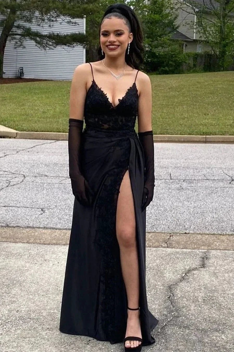 Black Long A-line V-neck Spaghetti Straps Lace Satin Formal Prom Dress With Slit by BIZTUNNEL