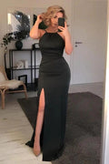 Black Long Mermaid Halter Satin Backless Prom Dress with Slit by BIZTUNNEL