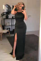 Black Long Mermaid Halter Satin Backless Prom Dress with Slit by BIZTUNNEL