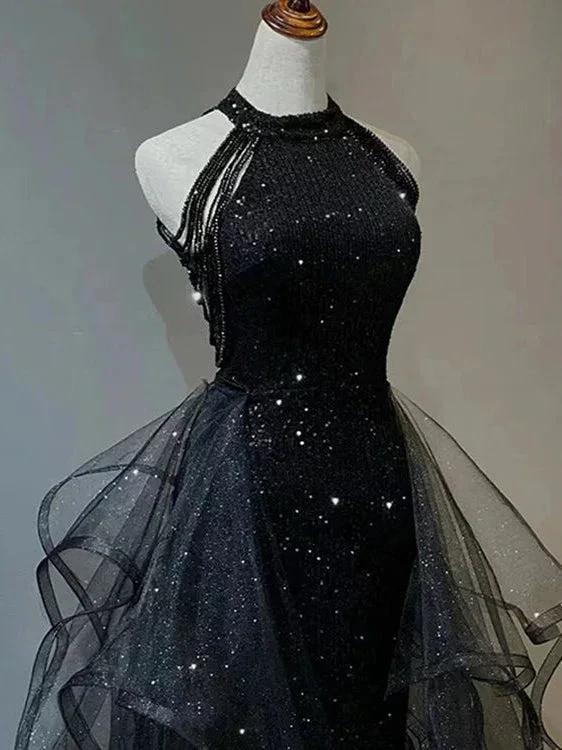 Black Long Mermaid Halter Sequined Tulle Formal Prom Dresses by BIZTUNNEL