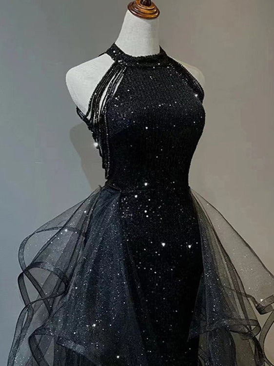 Black Long Mermaid Halter Sequined Tulle Formal Prom Dresses Main Image