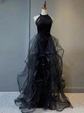 Black Long Mermaid Halter Sequined Tulle Formal Prom Dresses by BIZTUNNEL